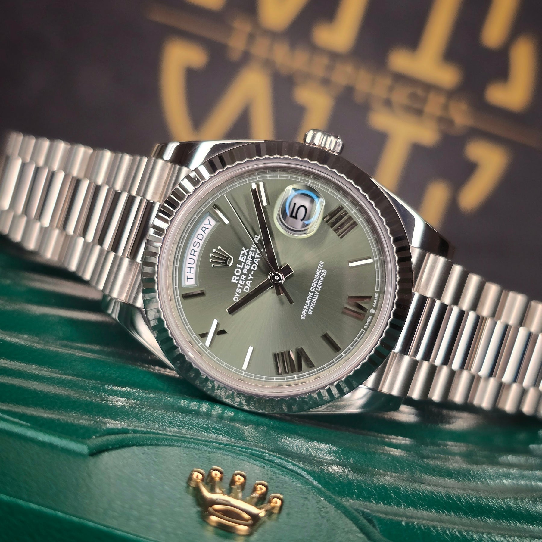 Rolex Day-Date 228239 White Gold Olive front view