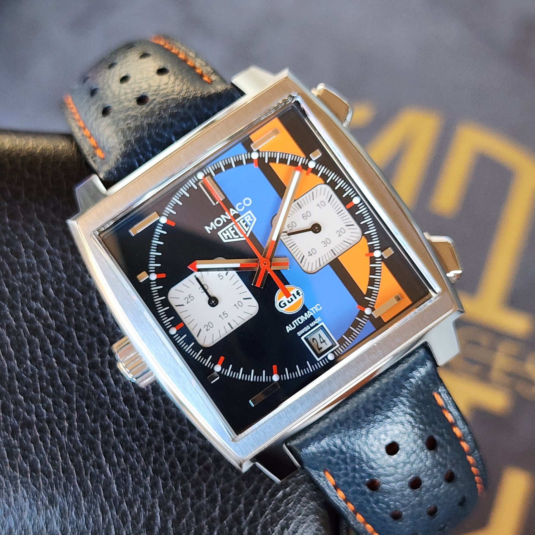Tag Heuer Monaco Gulf CAW211R dial view