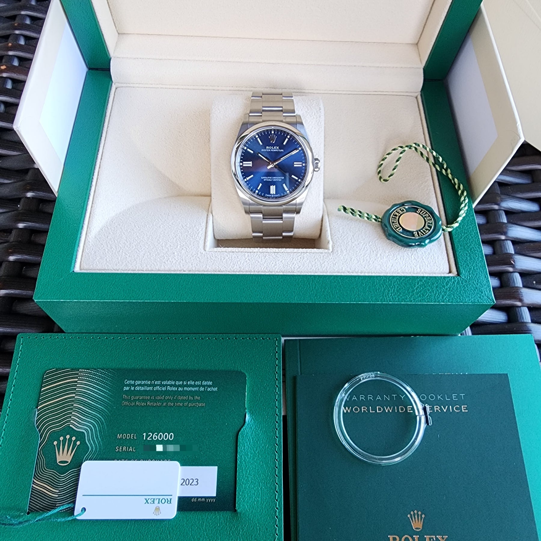 Rolex Oyster Perpetua 126000 Blue Dial full set view