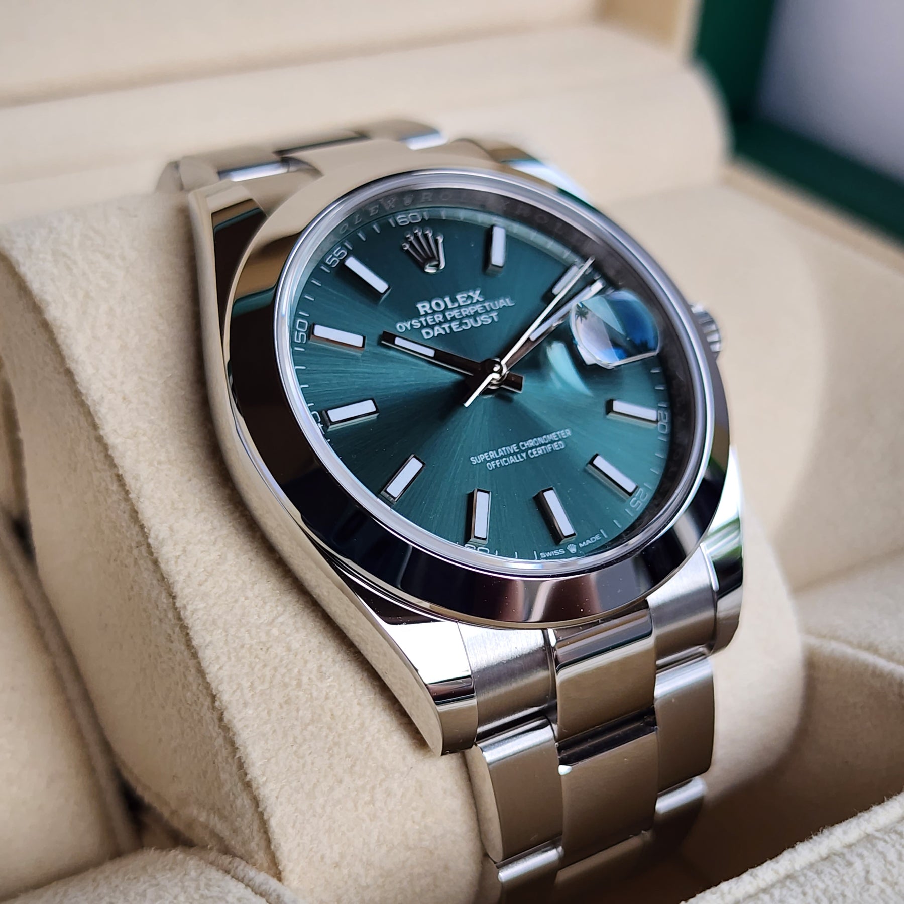 Rolex Datejust Mint Green 126300 left side view