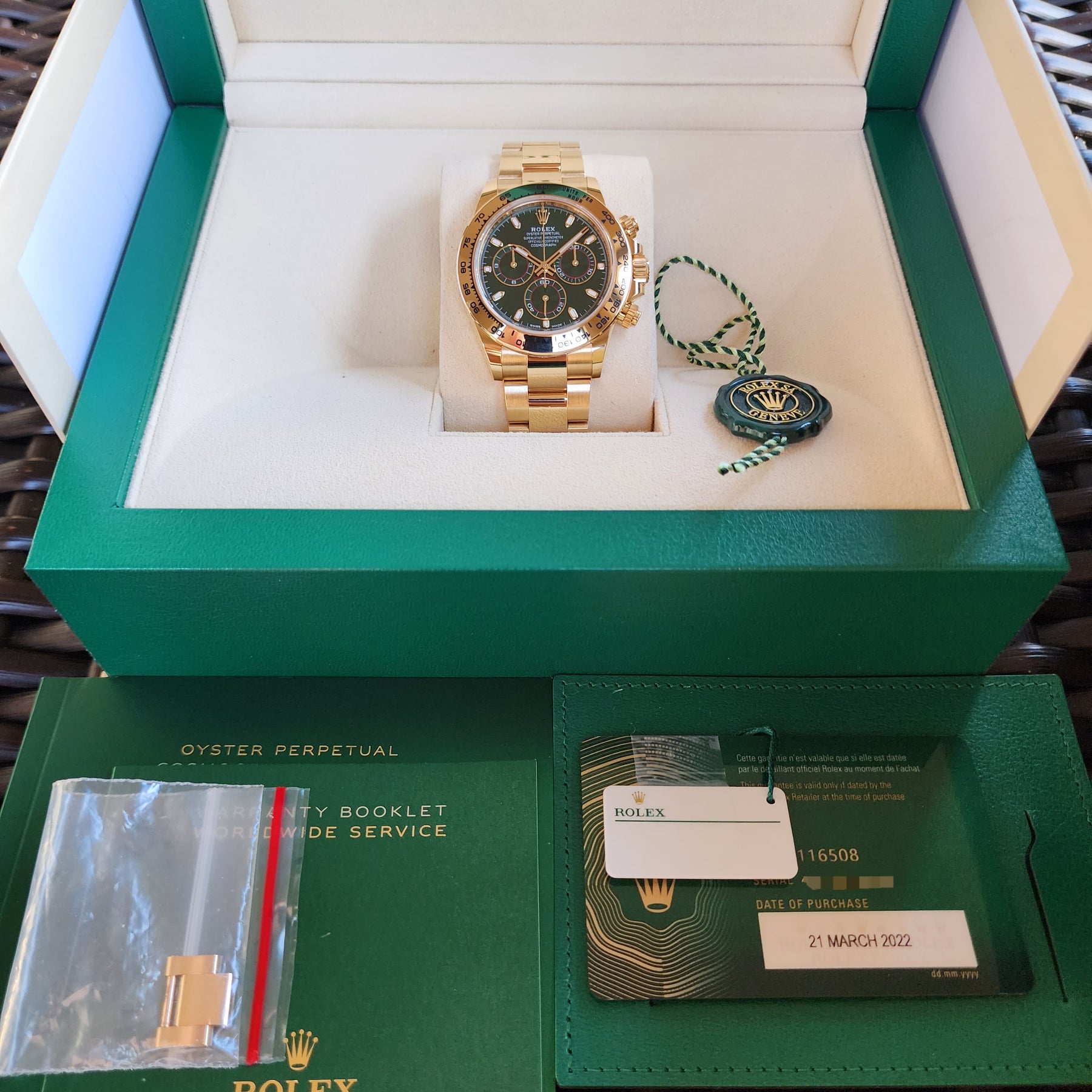 Rolex Daytona Yellow Gold Green Dial John Mayer 116508 full set view