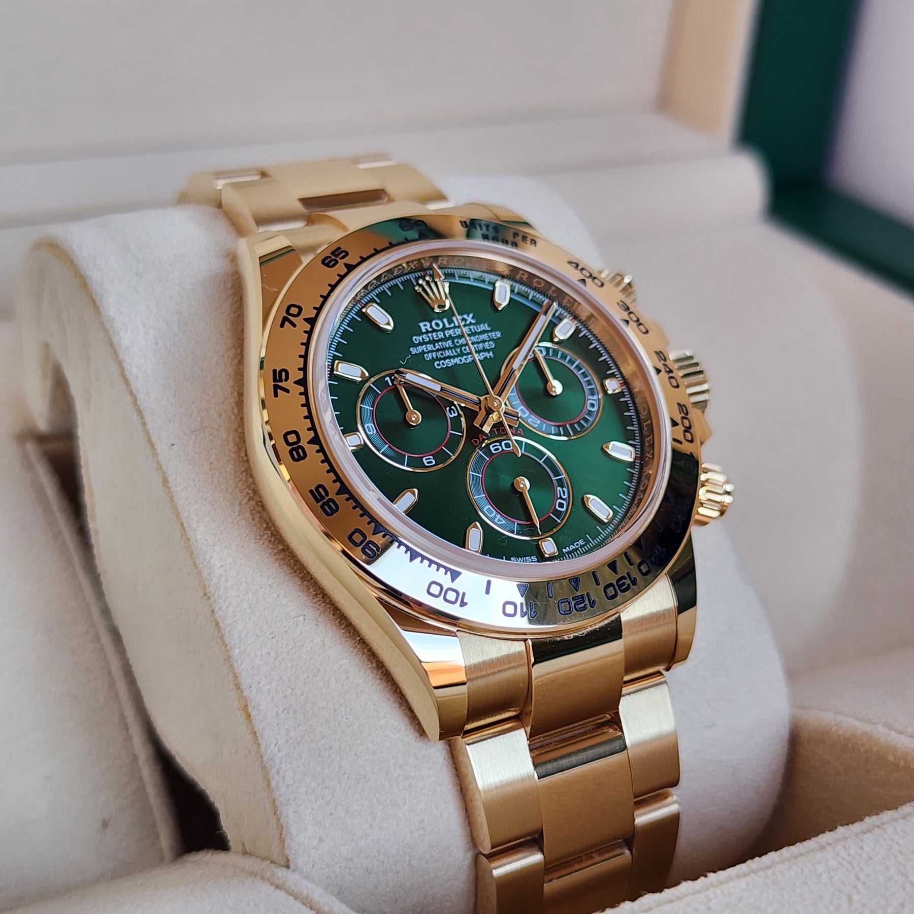 Rolex Daytona Yellow Gold Green Dial John Mayer 116508 left view
