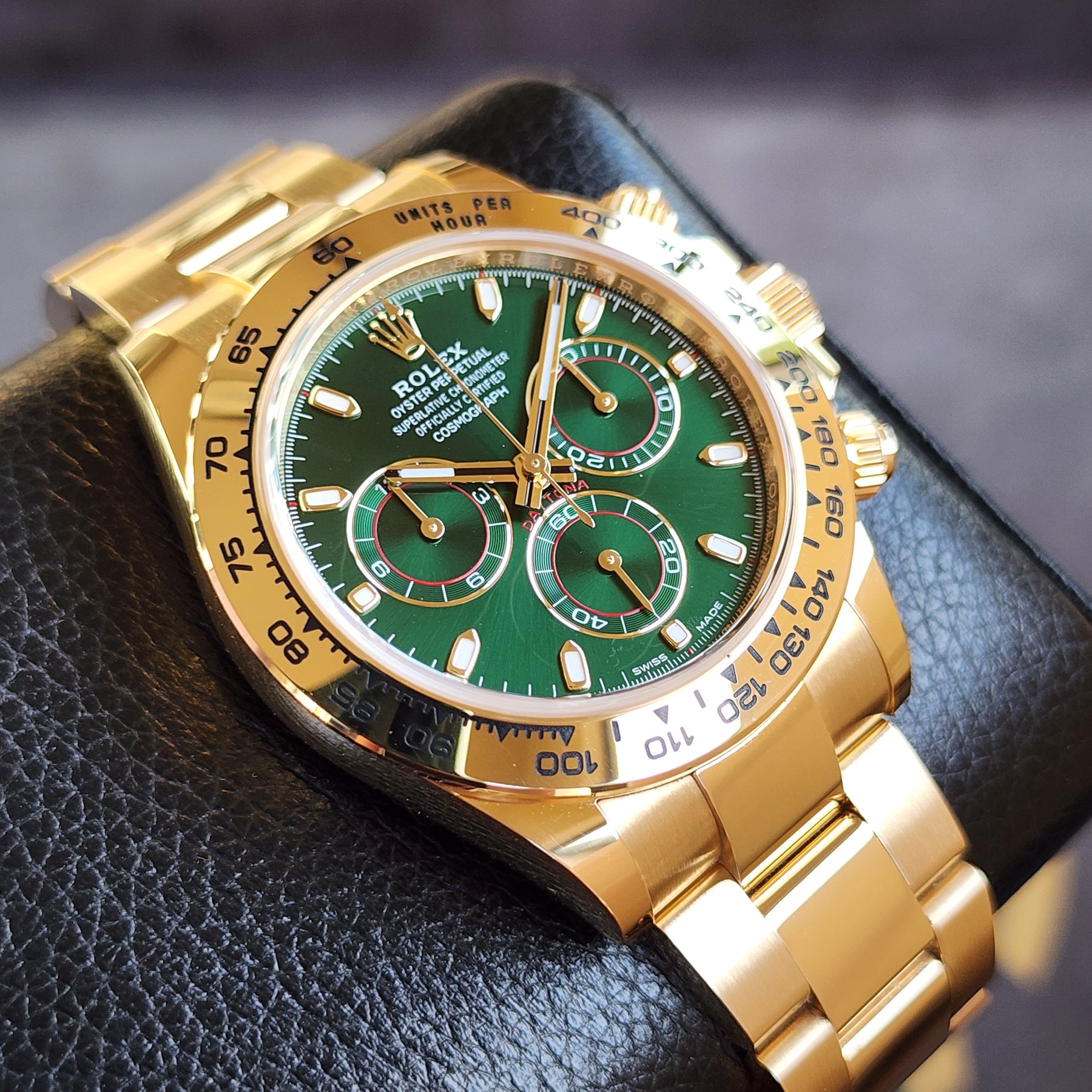 Rolex Daytona Yellow Gold Green Dial John Mayer 116508 front view