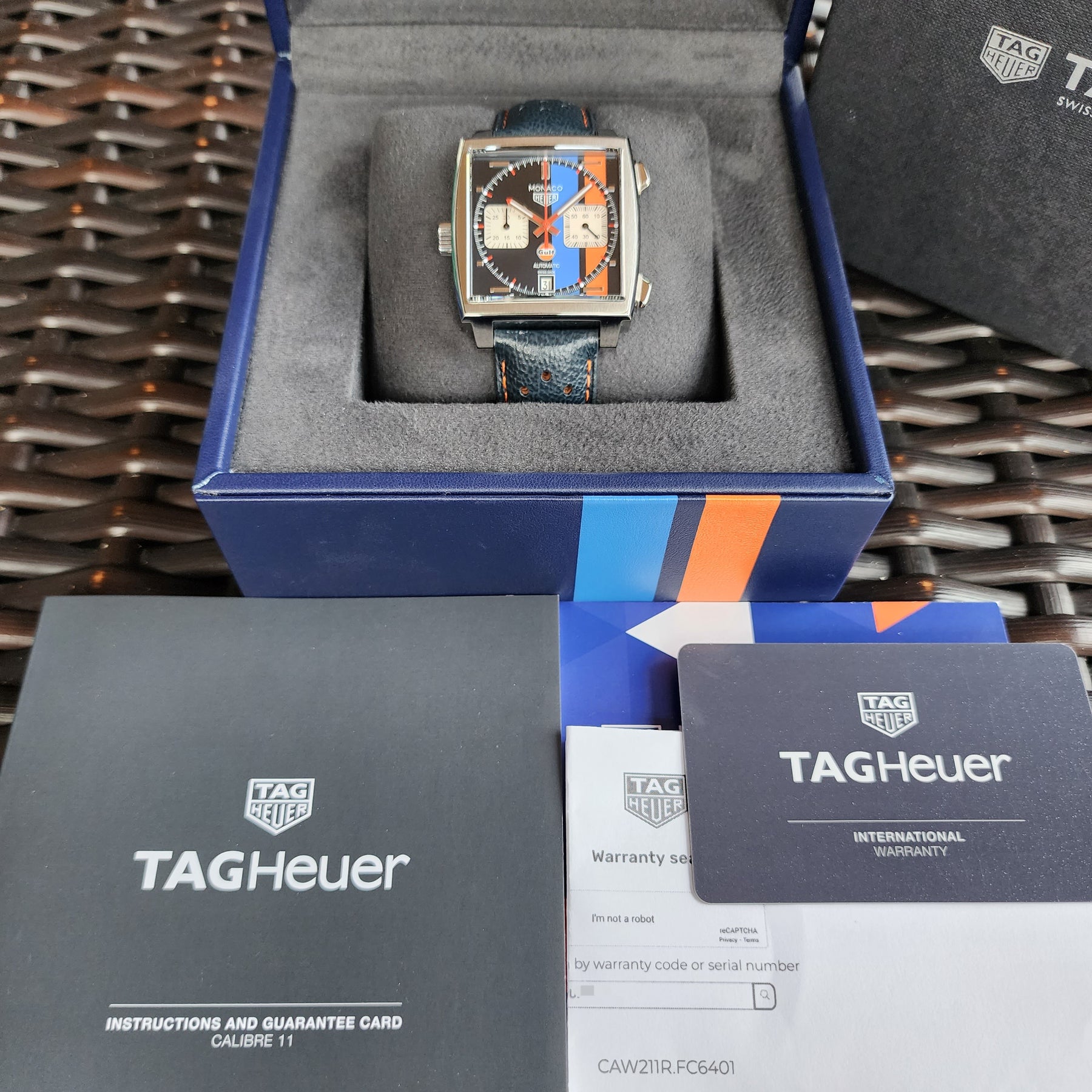 Tag Heuer Monaco Gulf CAW211R full set view
