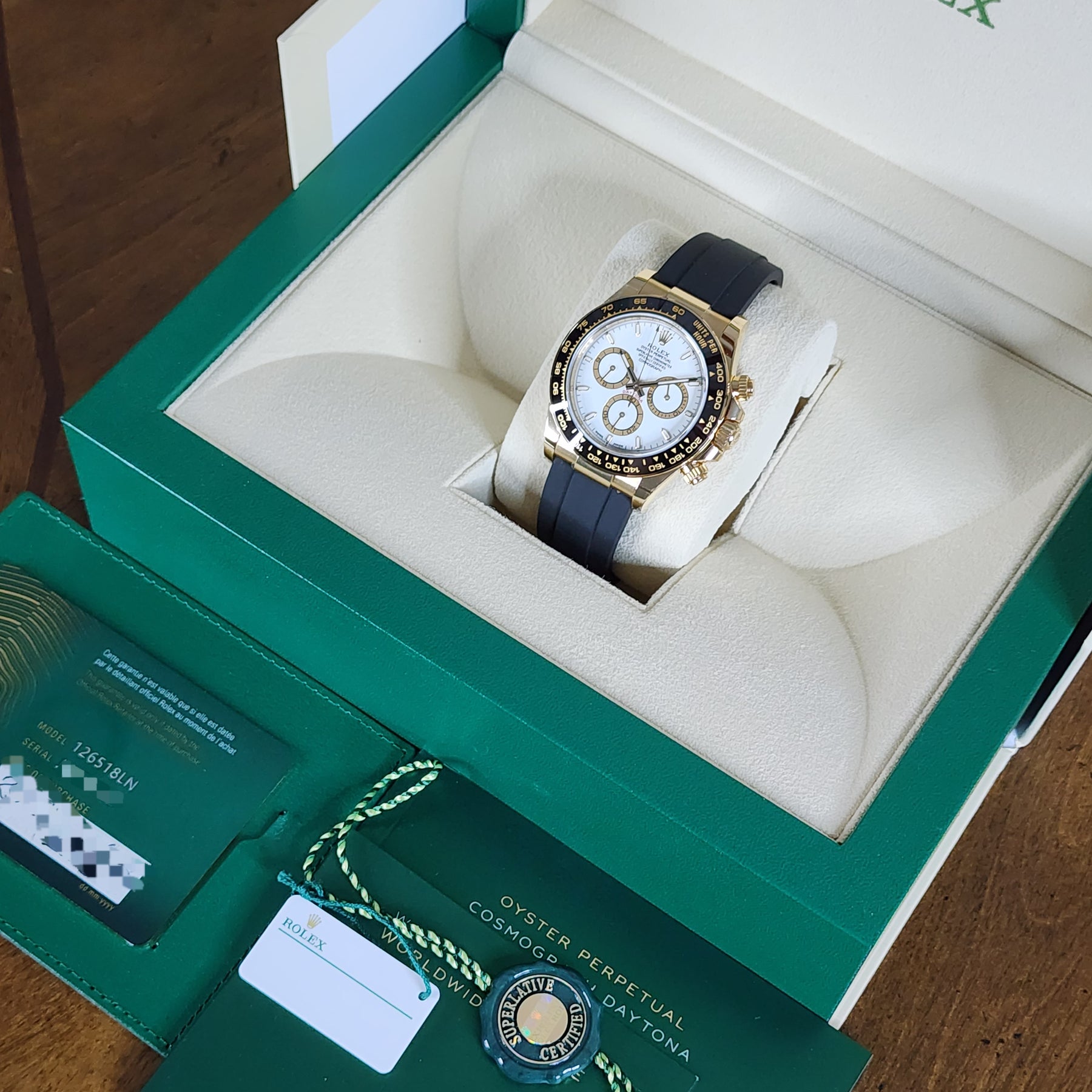 Rolex Daytona Yellow Gold Oysterflex 126618LN full set view