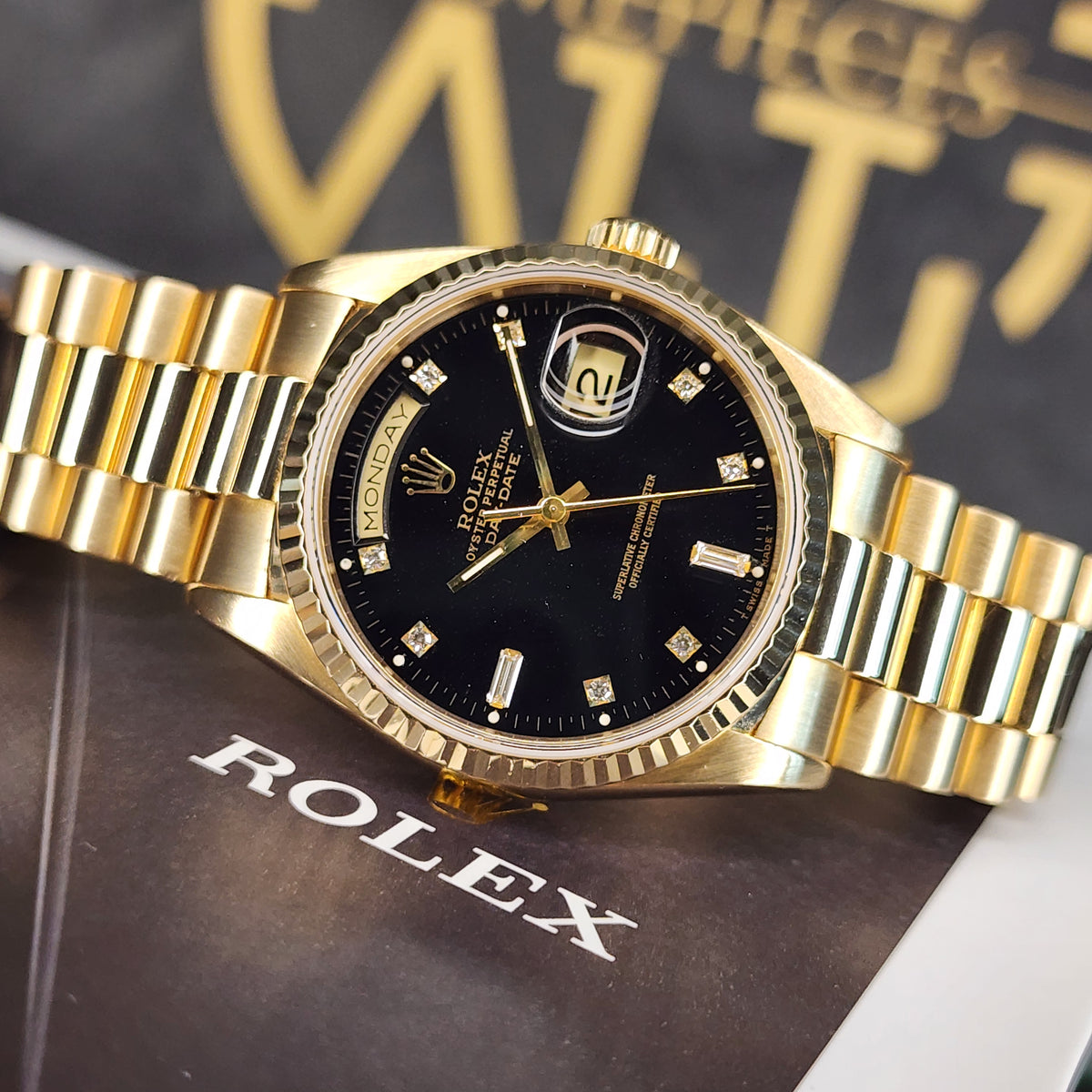 Rolex Day-Date 36 Diamond Baguette Dial 18238 front view
