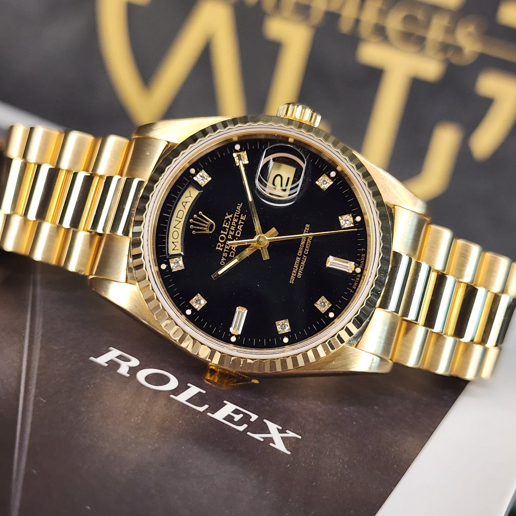 Rolex Day-Date 36 Diamond Baguette Dial 18238 front view