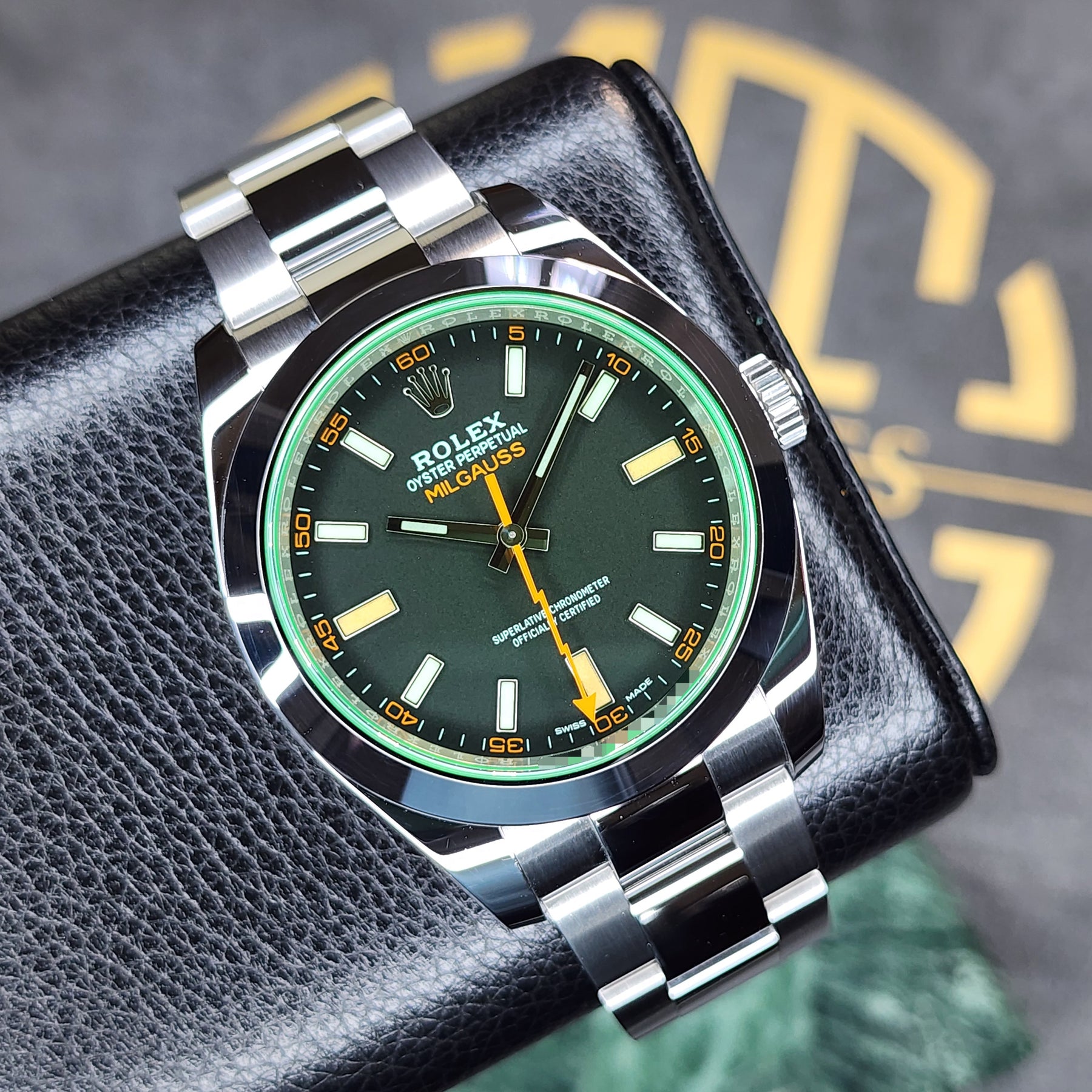 Rolex Milgauss Black Dial Green Crystal 116400GV front view