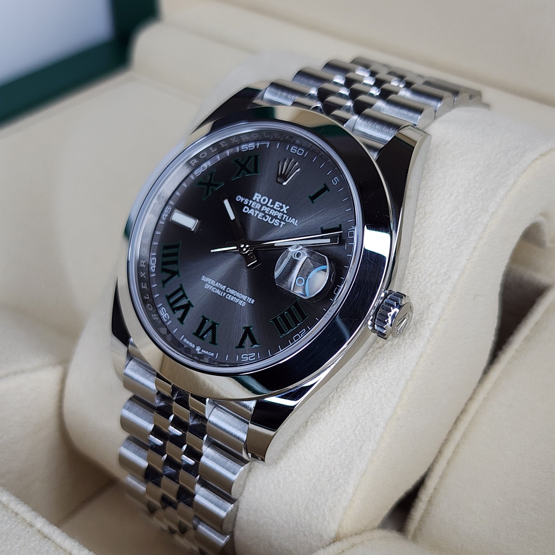 Rolex Datejust Wimbledon 126300 right side crown view