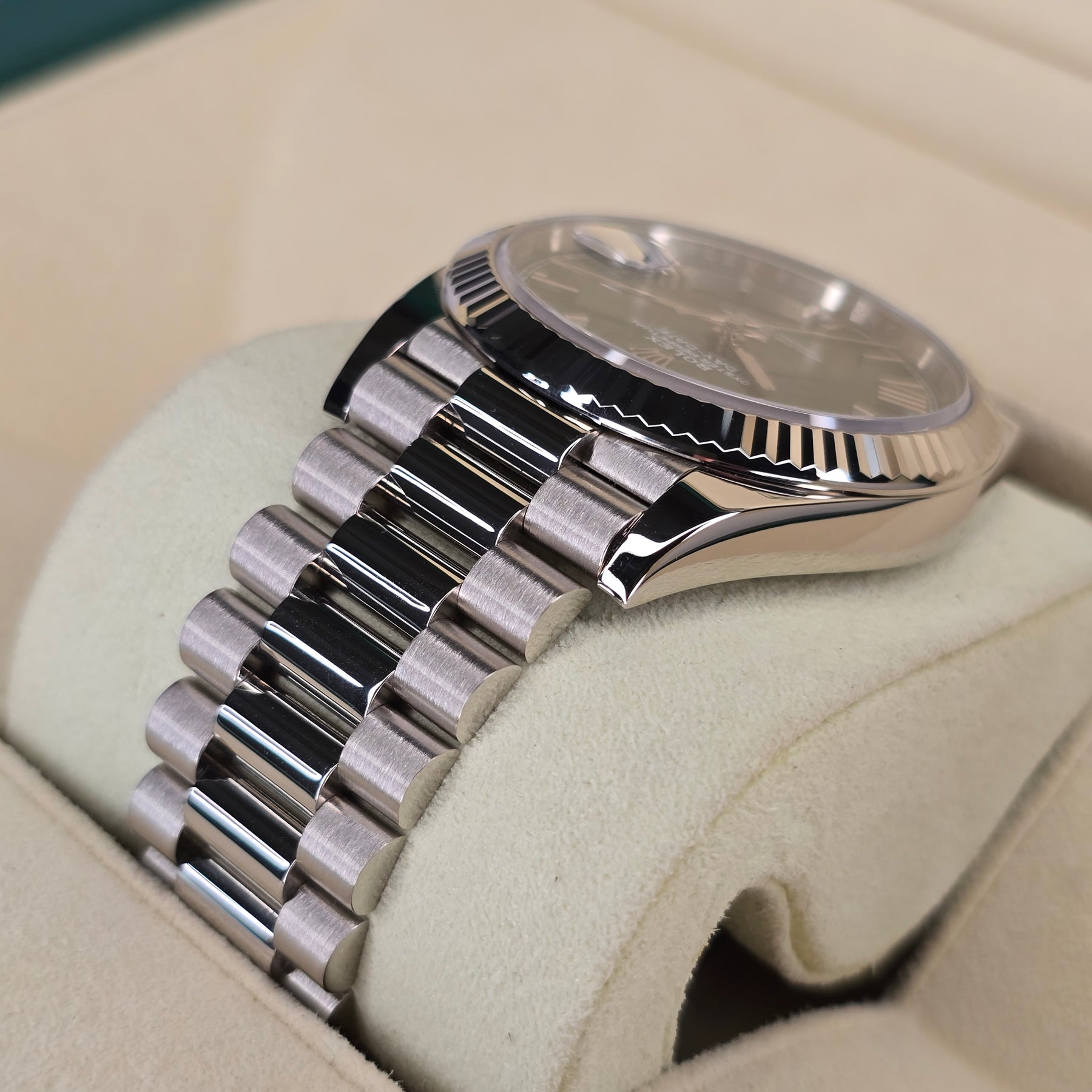 Rolex Day-Date 228239 White Gold Olive case, bracelet view