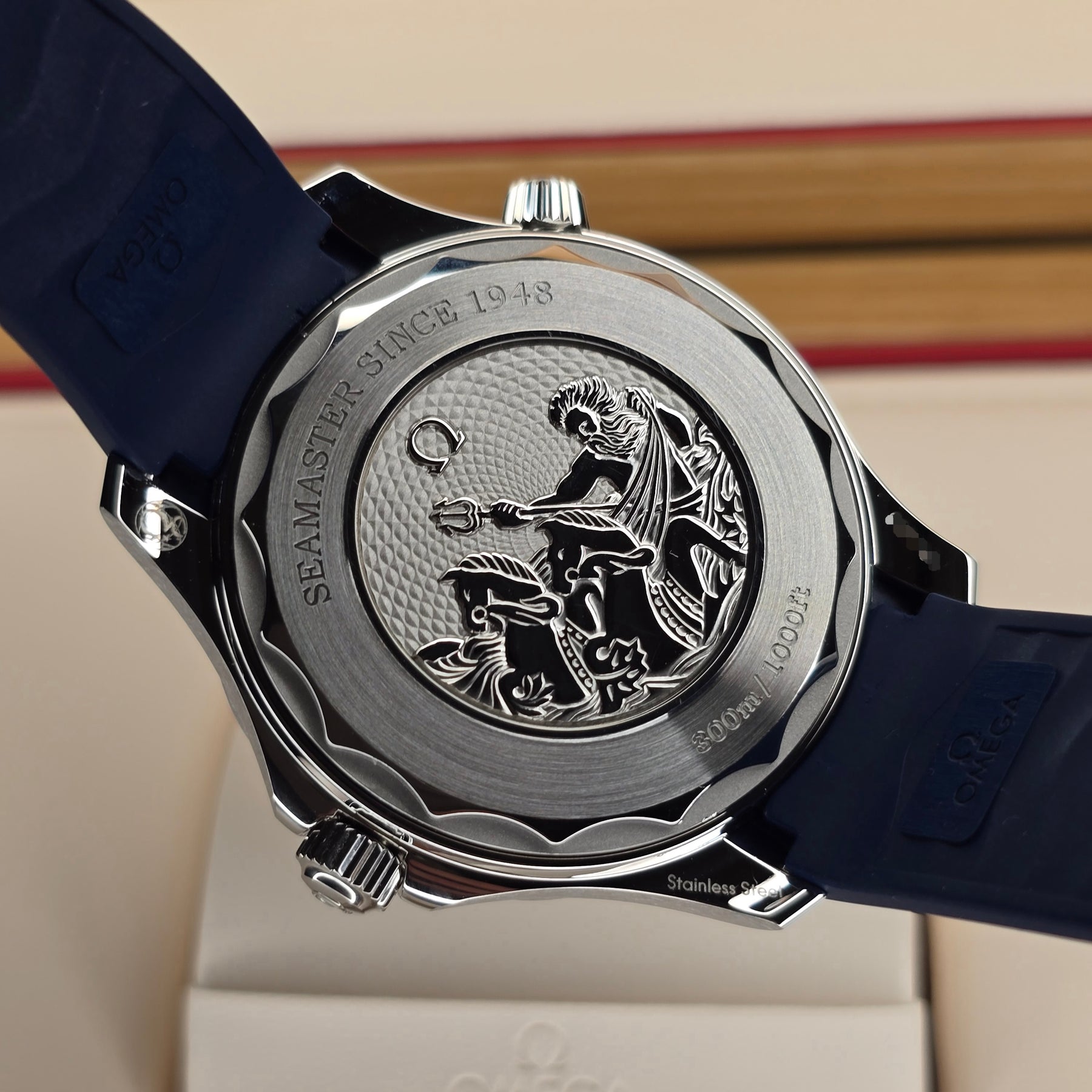 Omega Seamaster Diver 300 Summer Blue case back view