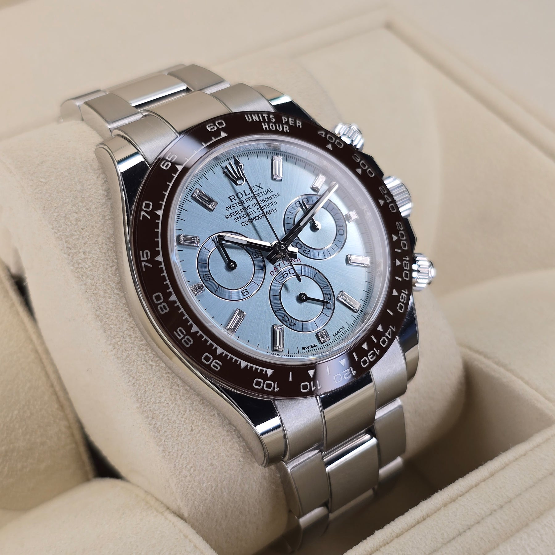 Rolex Daytona Platinum Ice Blue Baguette 116506 left side case view
