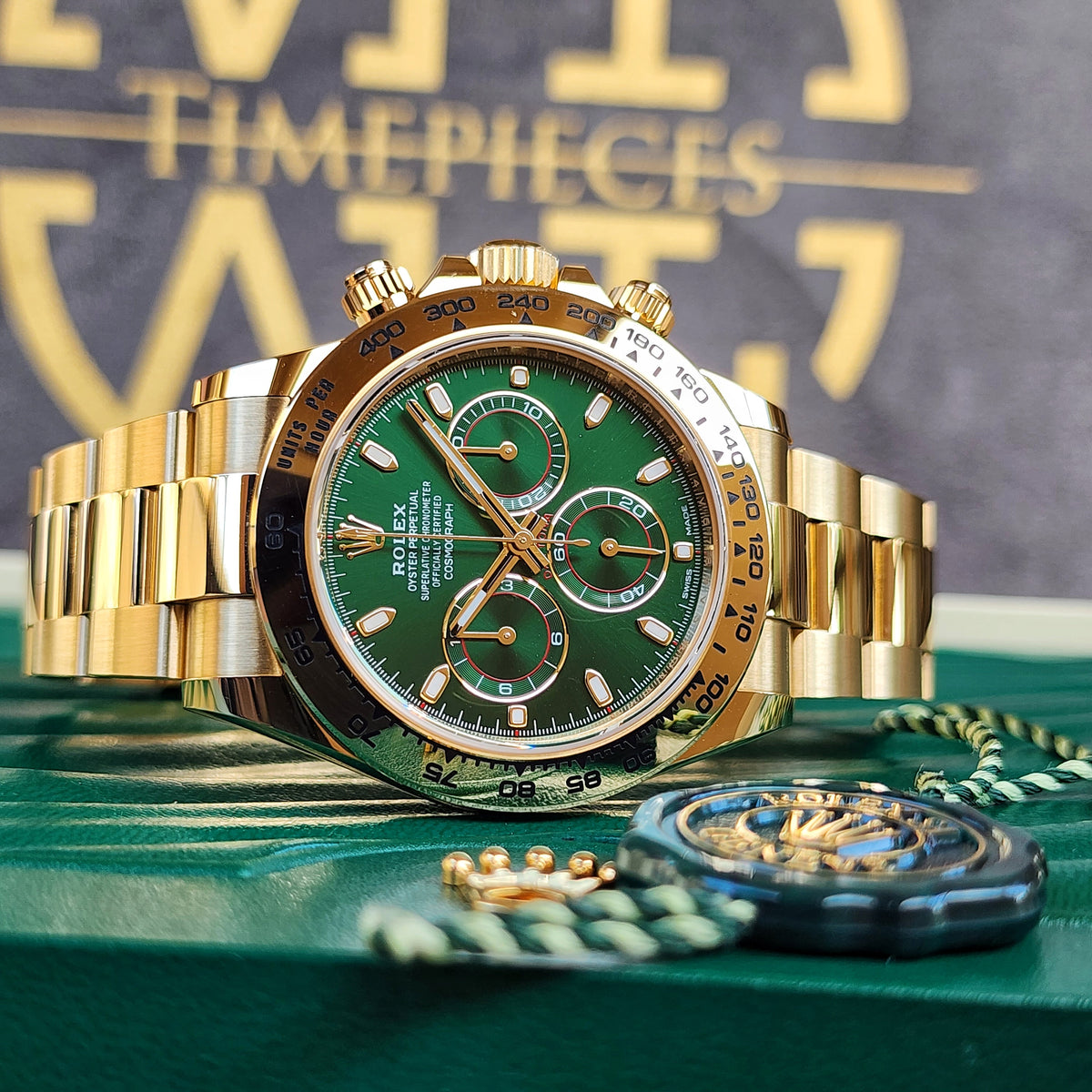 Rolex Daytona Yellow Gold Green Dial John Mayer 116508 front view 