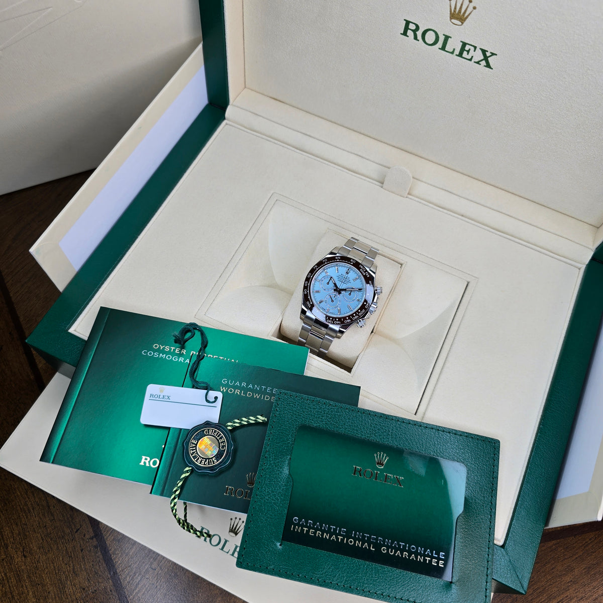 Rolex Daytona Platinum Ice Blue Baguette 116506 full set view