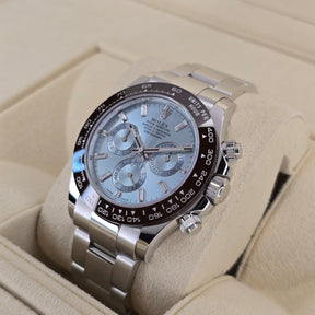 Rolex Daytona Platinum Ice Blue Baguette 116506 right side case view