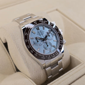 Rolex Daytona Platinum Ice Blue Baguette 116506 left side case view