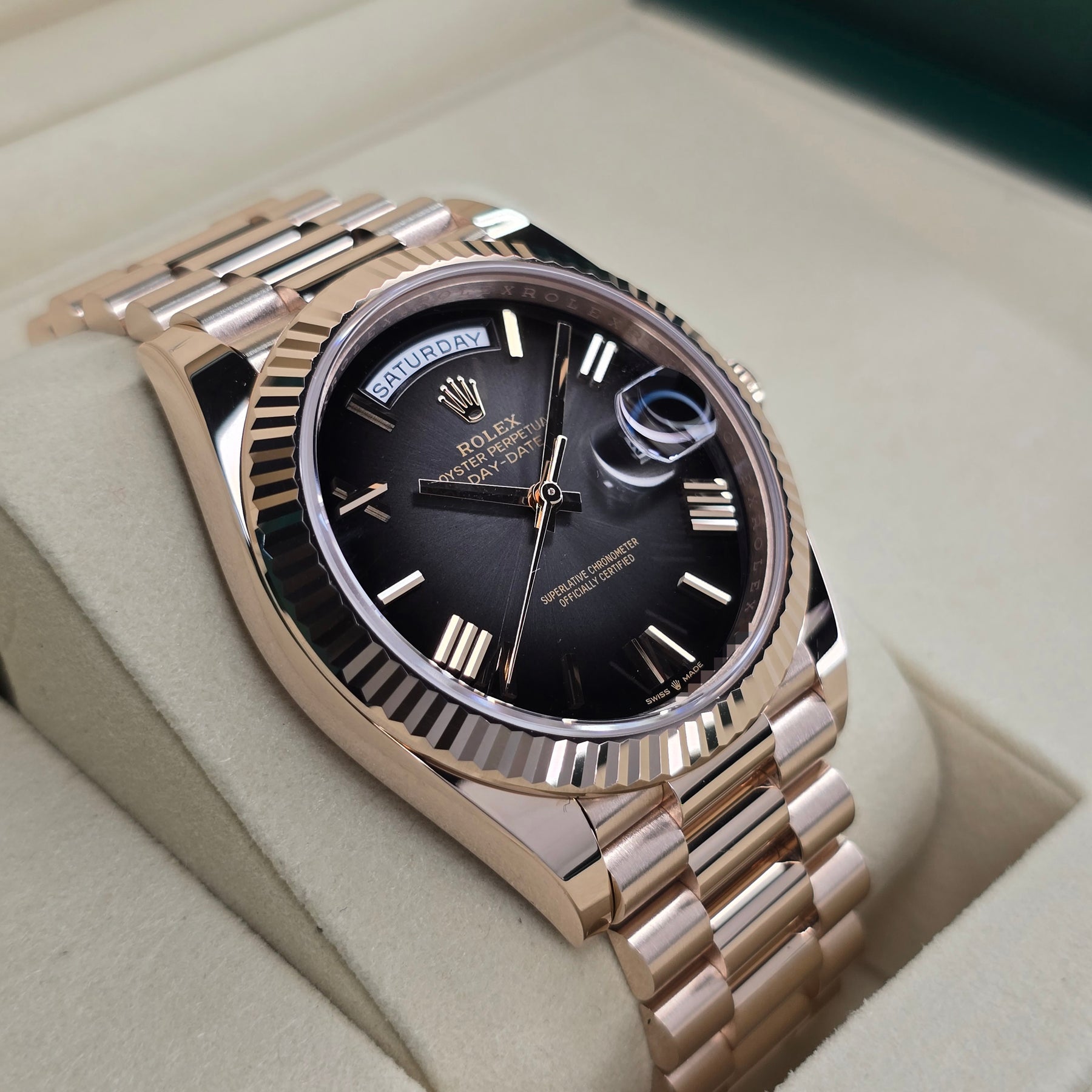 Rolex Day-Date Slate Ombre Rose Gold 228235 left side case