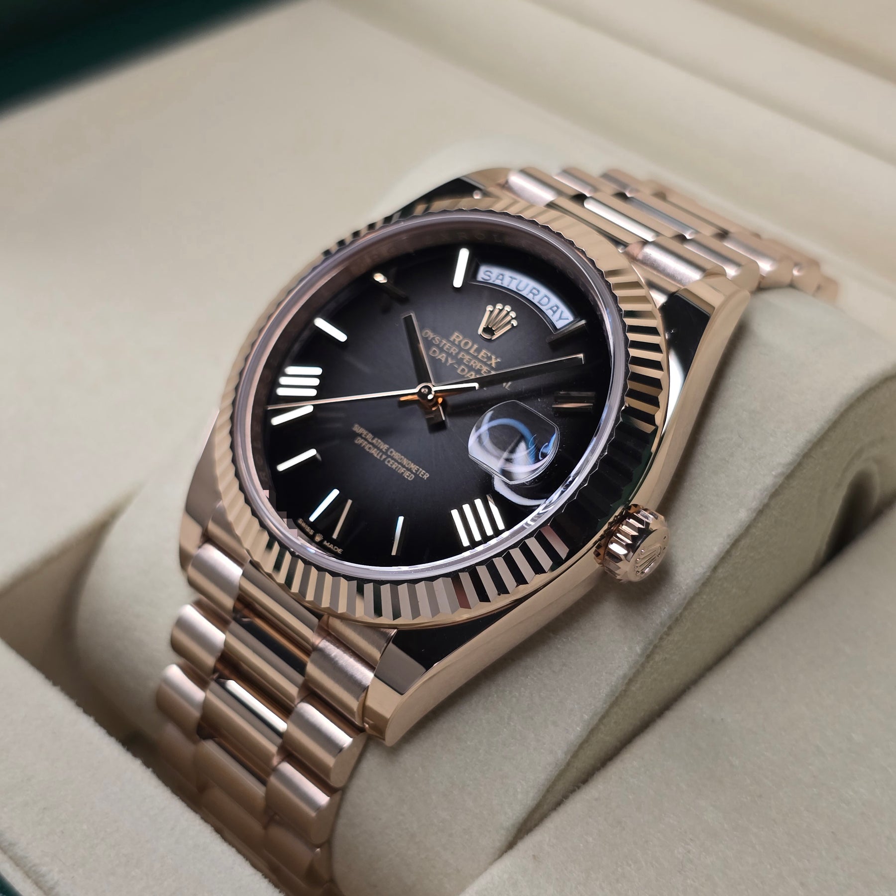 Rolex Day-Date Slate Ombre Rose Gold 228235 right side case
