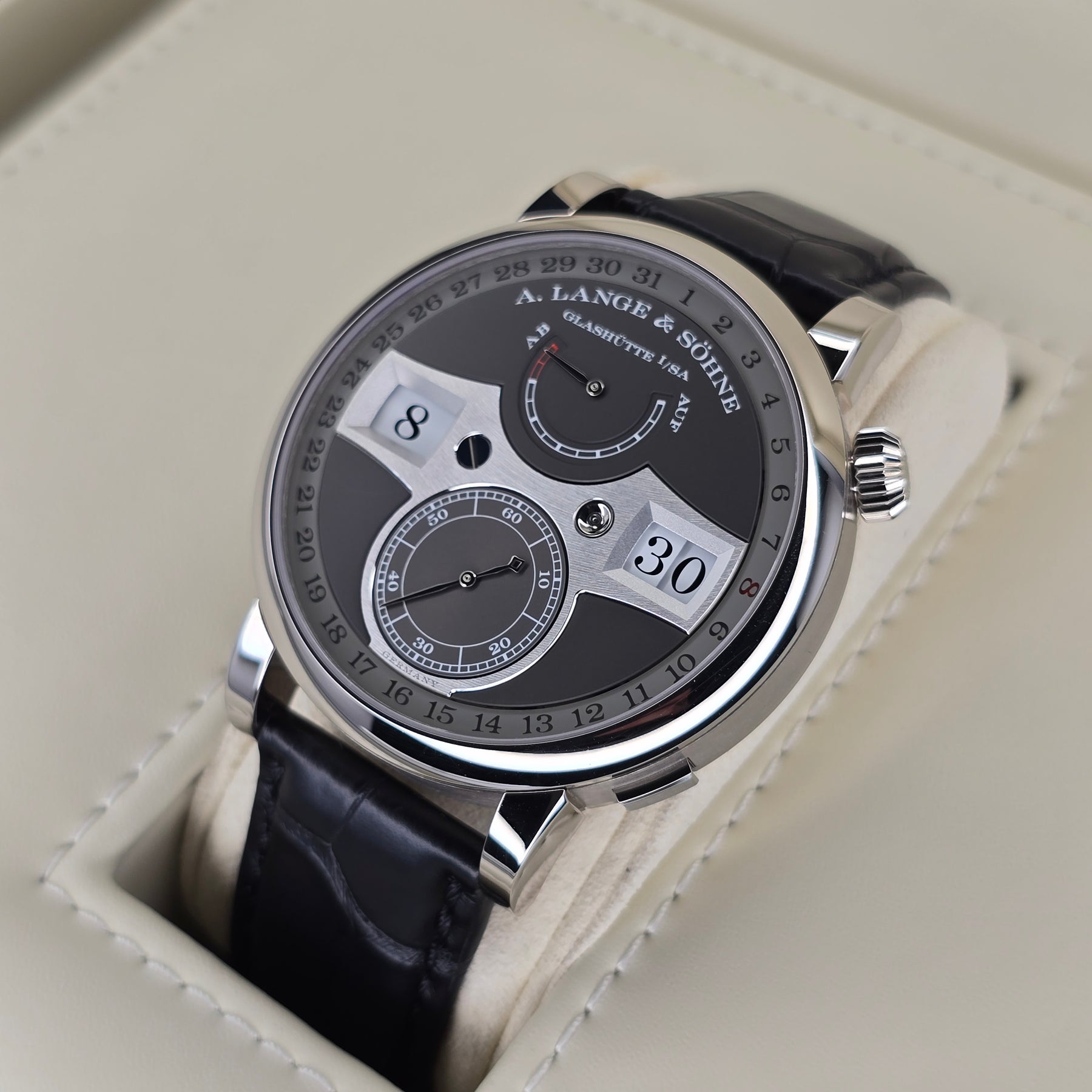 A. Lange & Sohne Zeitwerk Date 148.038 right side case view